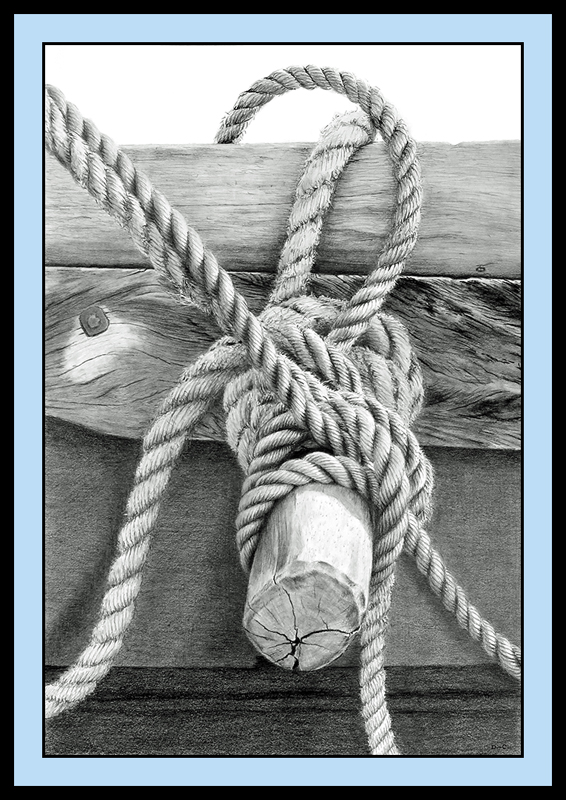 drawing of ropes and spars on the side of a South asian fishing boat.