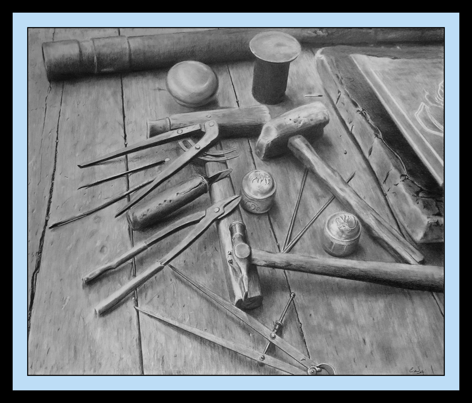 Drawing of a craftsman's workbench