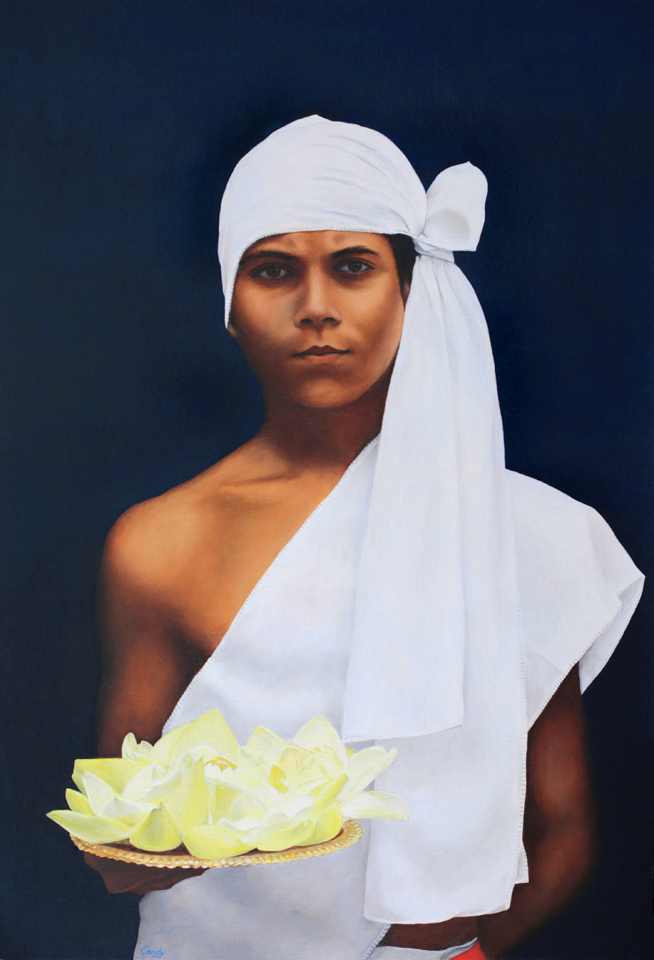 Oil painting of boy offering flowers to the Buddha.