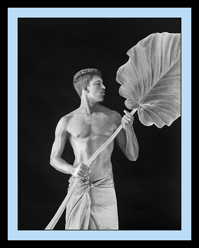 Drawing of man in sarong holding a large leaf.