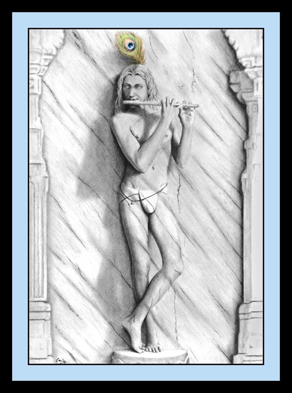 Drawing of a South Asian deity or god playing a flute.